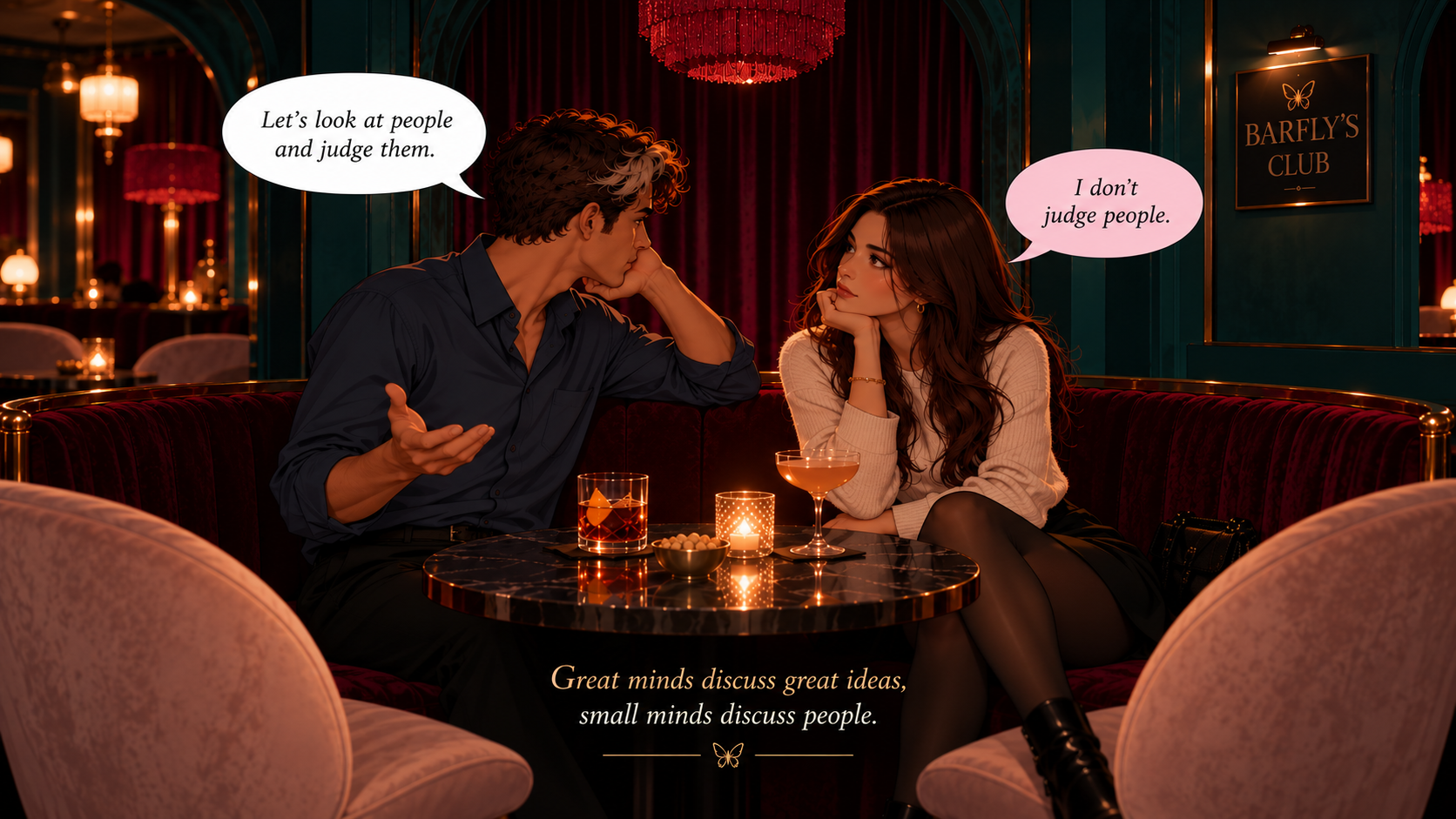 A couple sitting in a dim bar booth — he says let's look at people and judge them, she says she doesn't judge people