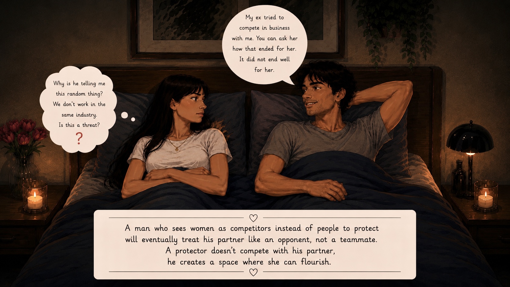 A couple in bed at night — he brags about outcompeting his ex in business while she wonders if his story is a veiled threat