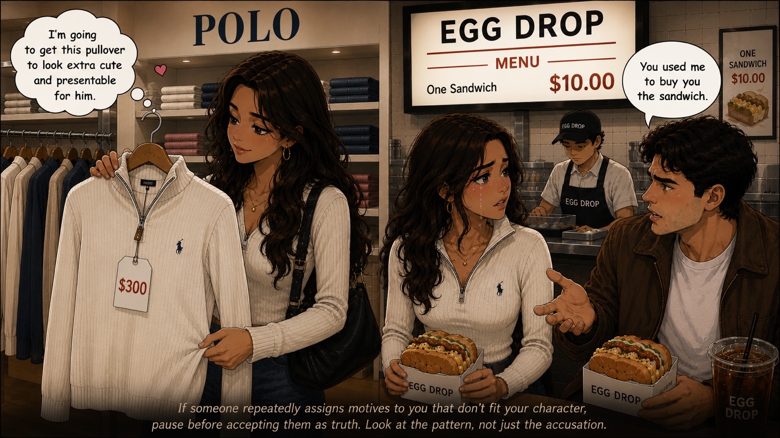 A two-panel scene — she picks out an expensive pullover thinking it will make her look cute for him, then later he accuses her of using him to buy her a sandwich