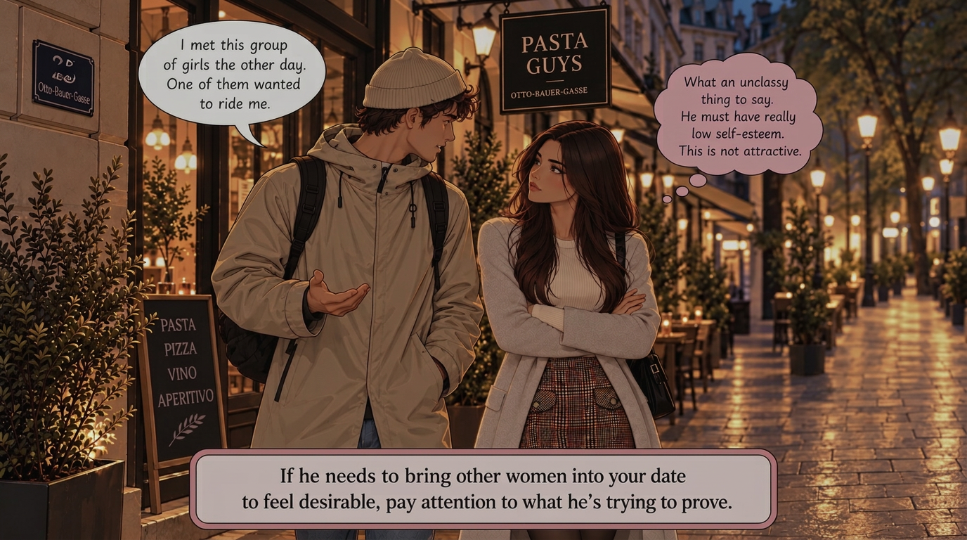A couple walking down a cobblestone street at night outside a restaurant — he tells her about a group of girls he met while she wonders why he needs to say it