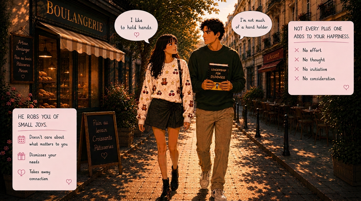 A couple walking down a sunlit Parisian street — she says she likes to hold hands, he replies he's not much of a hand holder