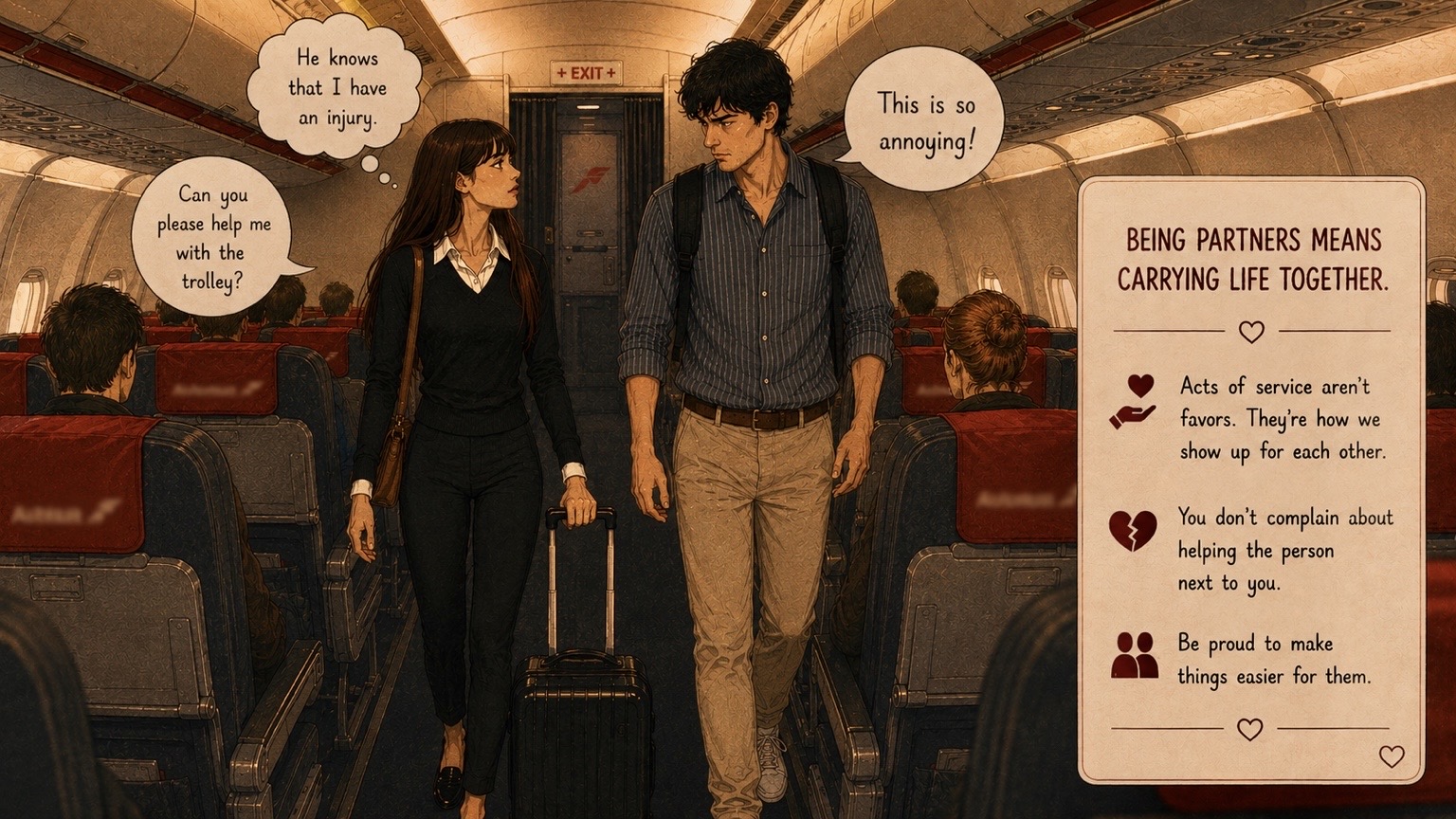 A couple walking down an airplane aisle — she asks for help with her trolley due to an injury while he mutters that it's annoying