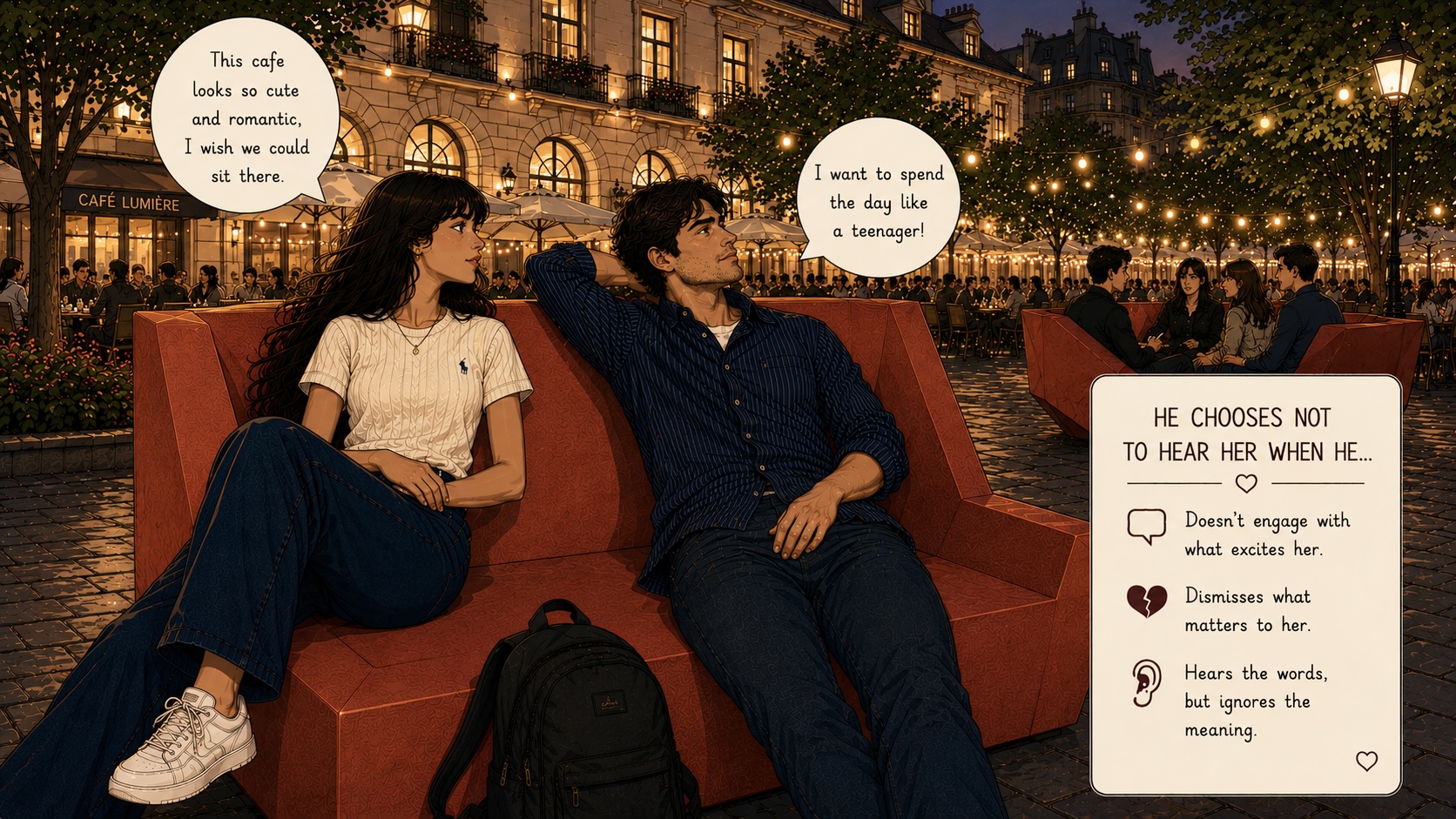 A couple sitting on a red bench in a Parisian square at night — she points out a cute cafe, he says he wants to spend the day like a teenager