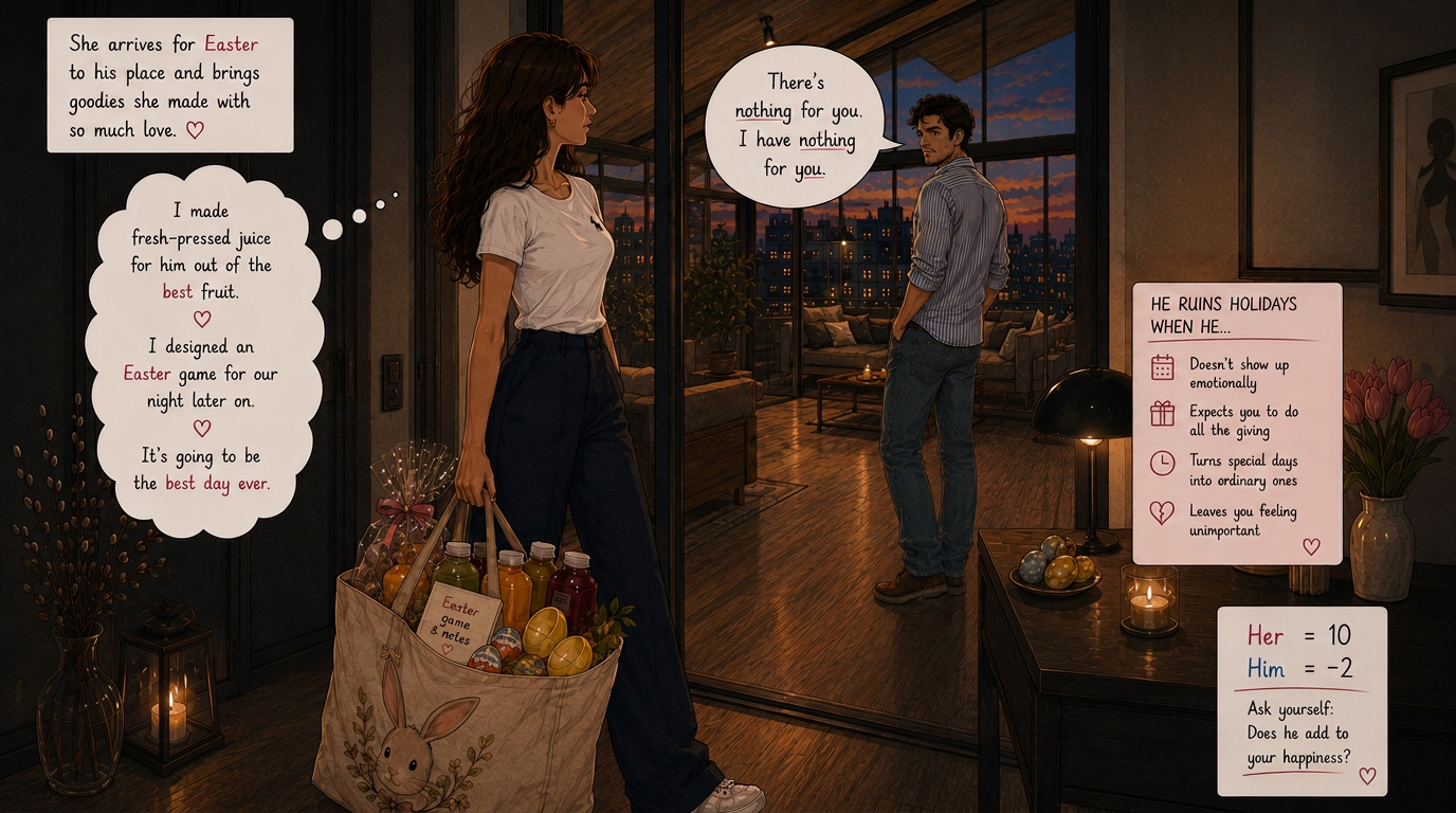 A woman arriving for Easter with a bag of handmade goodies while her partner stands coldly by the window saying there's nothing for her