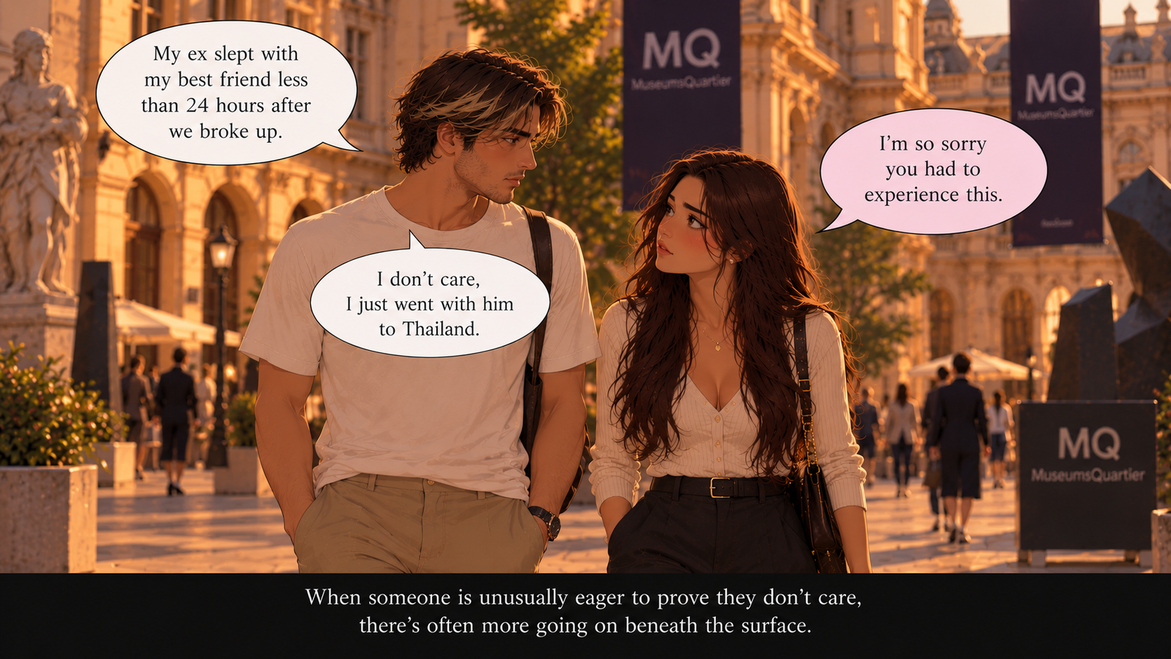 A couple standing in a sunlit plaza outside the MuseumsQuartier — he says his ex slept with his best friend less than 24 hours after they broke up and that he doesn't care because he just went with him to Thailand, while she says she's sorry he had to experience this