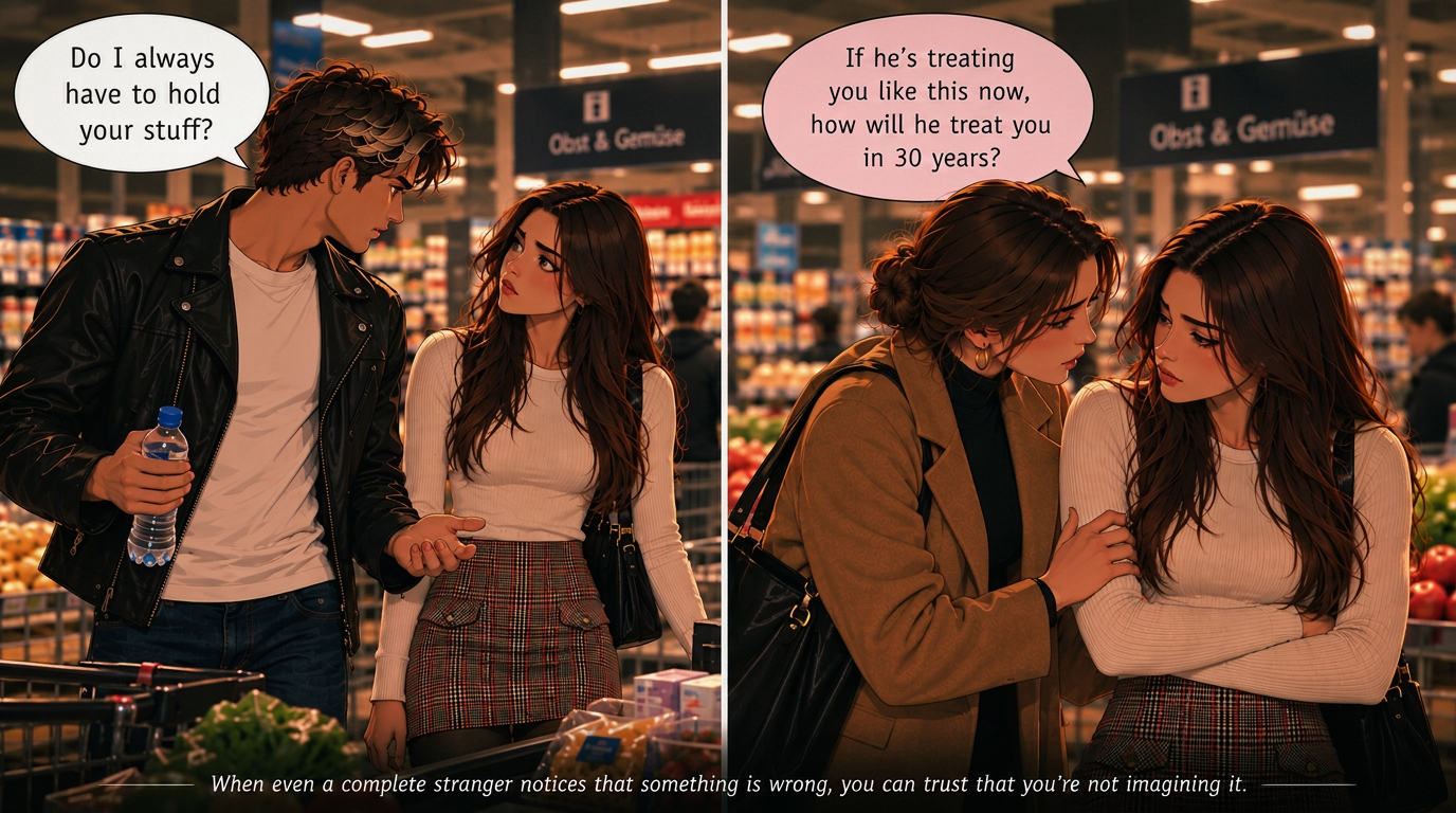 A two-panel scene in a supermarket — he complains about having to hold her stuff, then a stranger asks how he will treat her in thirty years