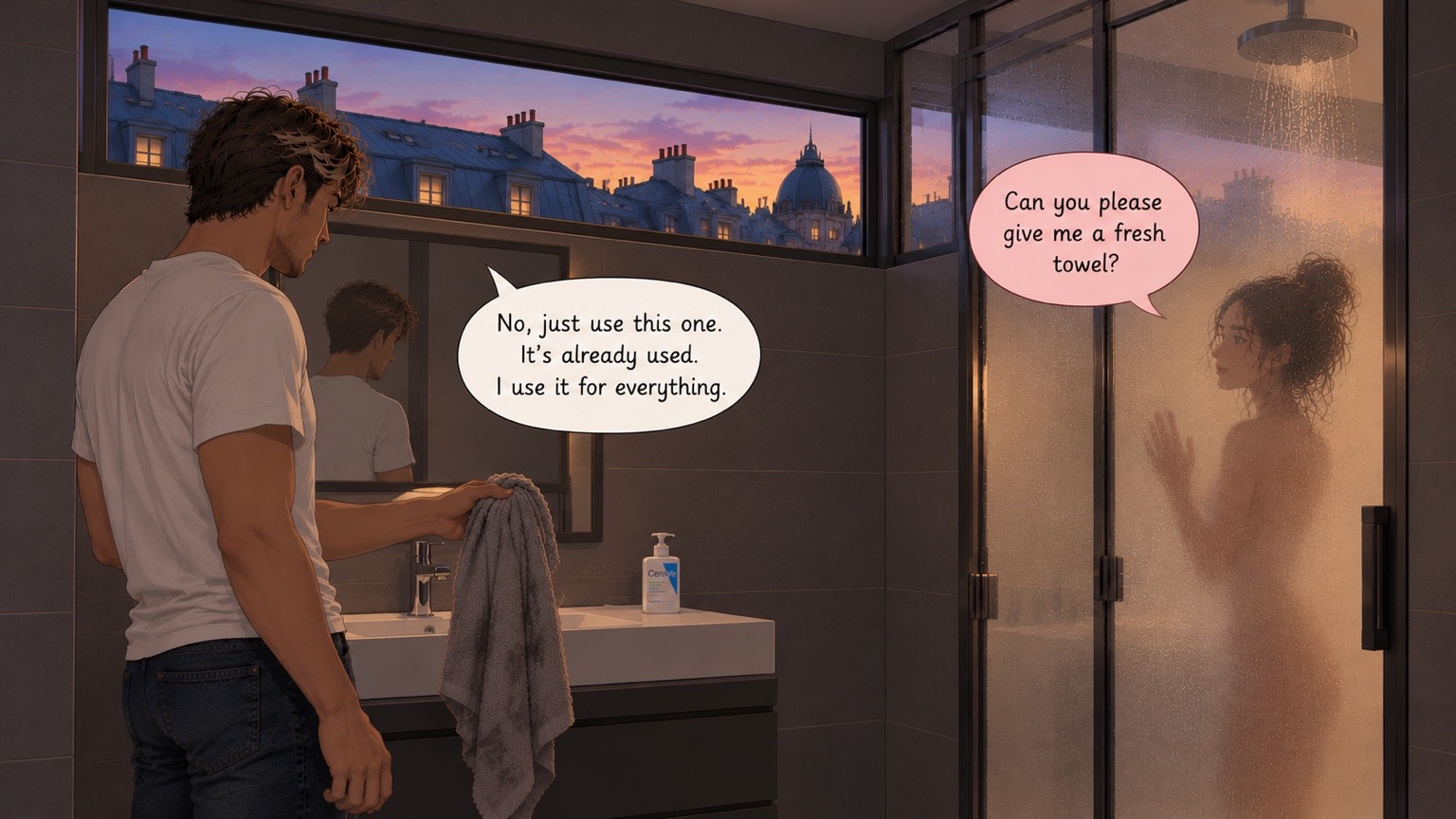 A woman in the shower asking for a fresh towel while her partner hands her a used one through the frosted glass