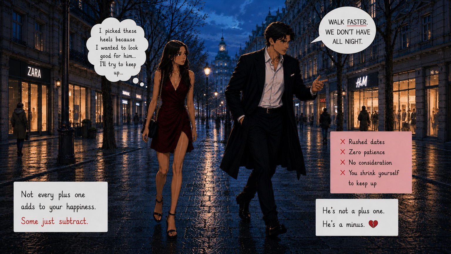 A couple walking down a rainy street at night — she trails behind in a red dress while he snaps at her to walk faster