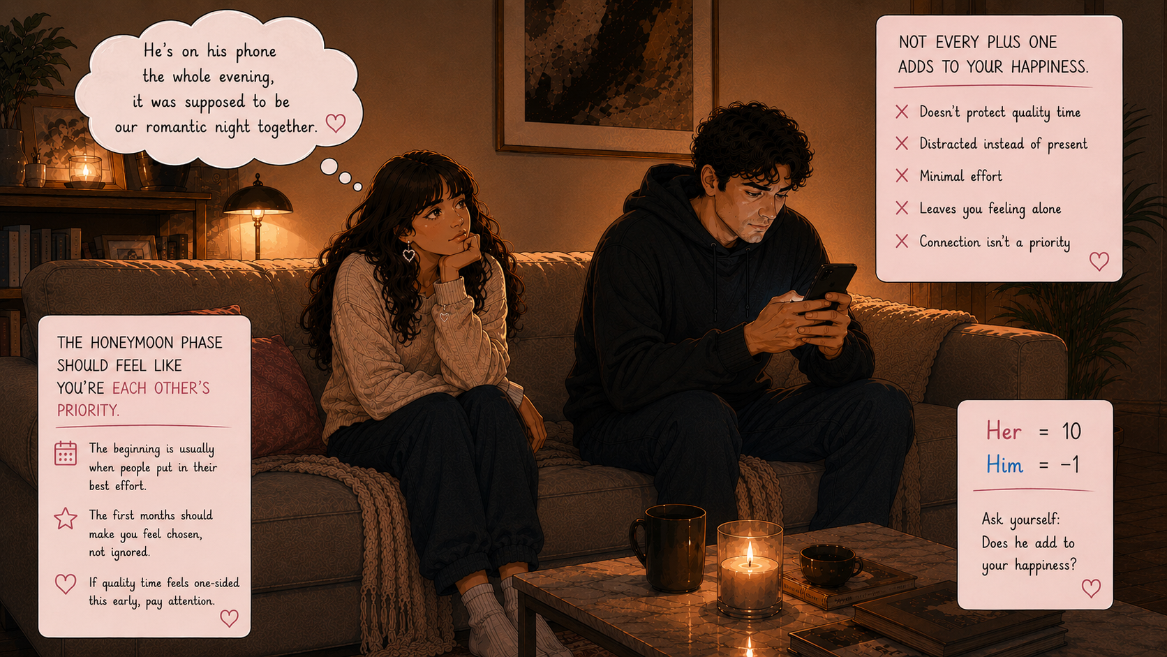 A couple sitting apart on a couch at night — she looks away wishing for a romantic evening while he stares at his phone
