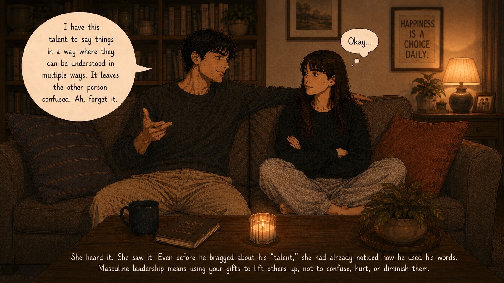 A couple on a couch at night — he brags about his talent for saying confusing things while she listens with growing doubt