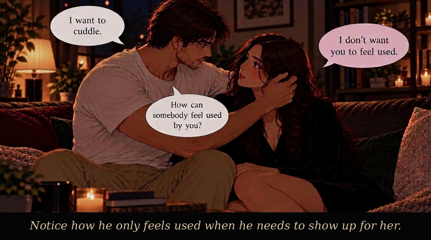 A couple sitting close together on a sofa in a candlelit living room — he says he wants to cuddle, she says she doesn't want him to feel used, and he asks how anybody could feel used by her
